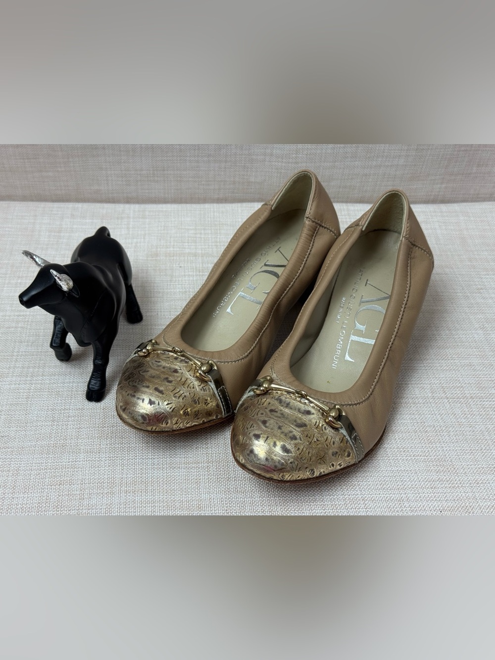 AGL Tan Leather Ballet Flats with Metallic Gold Embossed Cap